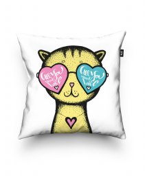 Подушка квадратна Yellow Cat glasses heart background - Valentine's Day