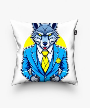 Подушка квадратна Стильный волк - Облаченный в синий костюм и желтый галстук.