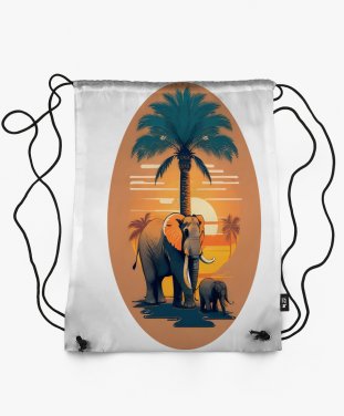 Рюкзак Семейное счастье - Слон и его детеныш перед пальмой на фоне заката