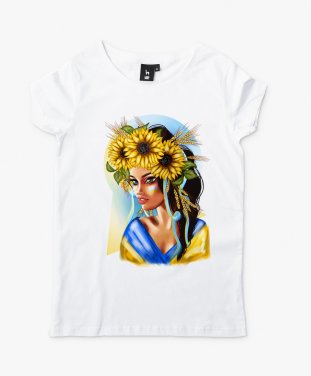 Жіноча футболка Українська жінка з національним прапором з пшеницею та квітами