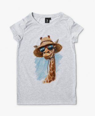 Жіноча футболка Жираф у літньому солом'яному капелюсі