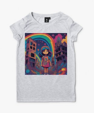 Жіноча футболка Маленька дівчинка стоїть серед зруйнованих будівель