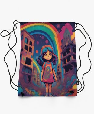 Рюкзак Маленька дівчинка стоїть серед зруйнованих будівель