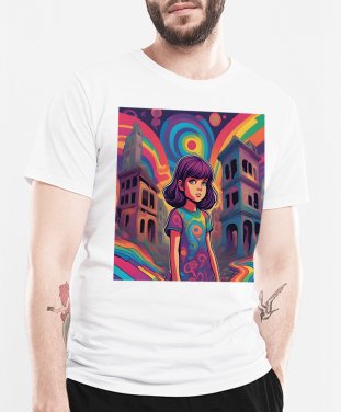 Чоловіча футболка Дівчинка-підліток на тлі порожніх будівель