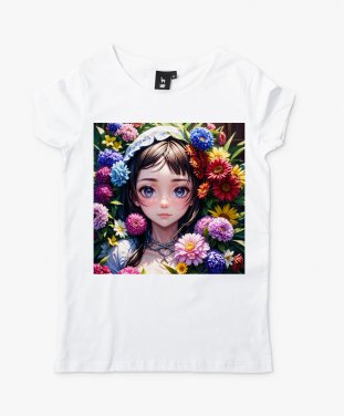 Жіноча футболка Дівчинка оточена безліччю квітів