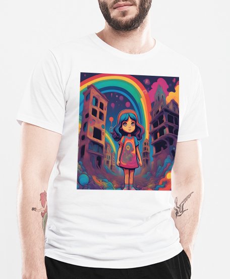 Чоловіча футболка Маленька дівчинка стоїть серед зруйнованих будівель