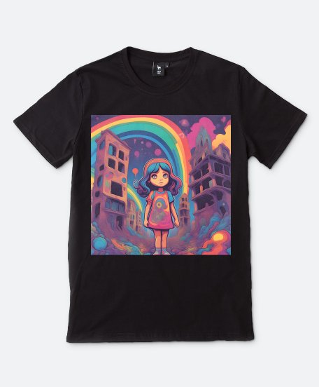 Чоловіча футболка Маленька дівчинка стоїть серед зруйнованих будівель