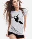 Жіноча футболка Beautiful silhouette of a witch and a cat flying on a broomstick on the eve of Halloween