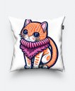 Подушка квадратна Розовое приключение - Кошка в розовом шарфе, розово-оранжевая палитра.
