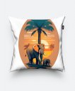Подушка квадратна Семейное счастье - Слон и его детеныш перед пальмой на фоне заката