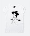 Жіноча футболка Halloween witch illustration. Girl flying on broomstick. Hand drawn vector illustration. Young woman on broom sketch.  