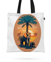 Авоська Семейное счастье - Слон и его детеныш перед пальмой на фоне заката
