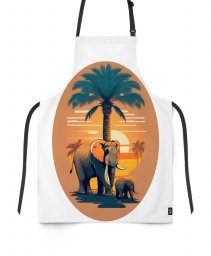 Фартух Семейное счастье - Слон и его детеныш перед пальмой на фоне заката