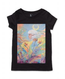 Жіноча футболка Дівчина серед квітів та місяцем у волоссі