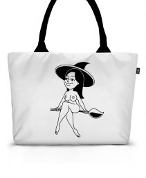 Шопер Halloween witch illustration. Girl flying on broomstick. Hand drawn vector illustration. Young woman on broom sketch.  