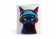 Чашка темно-синій кіт у навушниках і капелюсі з жовтими очима