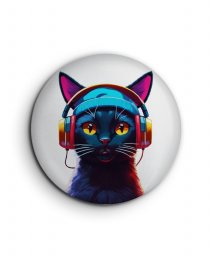 Значок темно-синій кіт у навушниках і капелюсі з жовтими очима