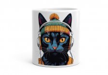 Чашка Симпатичний чорний кіт у білих навушниках і шапці з жовтими очима.