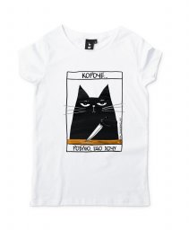 Жіноча футболка Чорній мультяшний кіт з написом