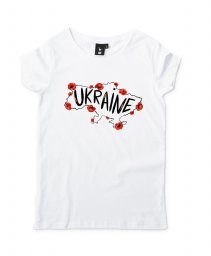 Жіноча футболка Карта України з червоними маками та текстом англійською Ukraine