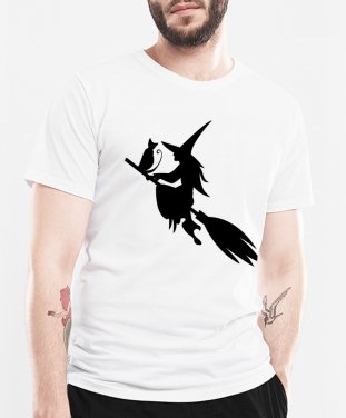 Чоловіча футболка Beautiful silhouette of a witch and a cat flying on a broomstick on the eve of Halloween