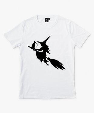 Чоловіча футболка Beautiful silhouette of a witch and a cat flying on a broomstick on the eve of Halloween