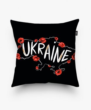 Подушка квадратна Карта України з червоними маками та текстом англійською Ukraine