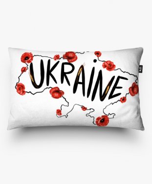 Подушка прямокутна Карта України з червоними маками та текстом англійською Ukraine