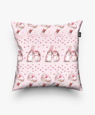 Подушка квадратна Милі зайчата з серцями на рожевому фоні