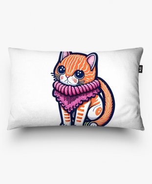 Подушка прямокутна Розовое приключение - Кошка в розовом шарфе, розово-оранжевая палитра.