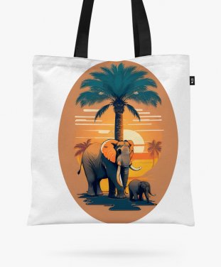 Авоська Семейное счастье - Слон и его детеныш перед пальмой на фоне заката