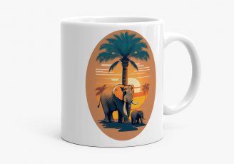 Чашка Семейное счастье - Слон и его детеныш перед пальмой на фоне заката