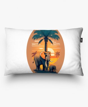 Подушка прямокутна Семейное счастье - Слон и его детеныш перед пальмой на фоне заката