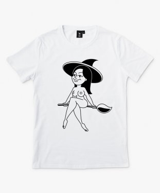Чоловіча футболка Halloween witch illustration. Girl flying on broomstick. Hand drawn vector illustration. Young woman on broom sketch.  