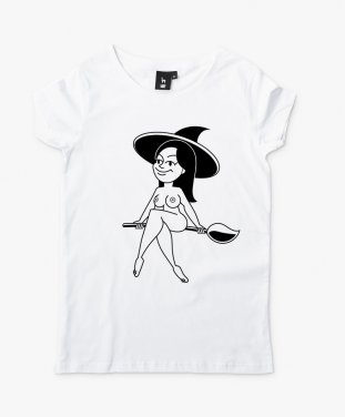 Жіноча футболка Halloween witch illustration. Girl flying on broomstick. Hand drawn vector illustration. Young woman on broom sketch.  
