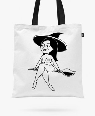Авоська Halloween witch illustration. Girl flying on broomstick. Hand drawn vector illustration. Young woman on broom sketch.  