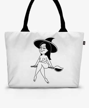 Шопер Halloween witch illustration. Girl flying on broomstick. Hand drawn vector illustration. Young woman on broom sketch.  