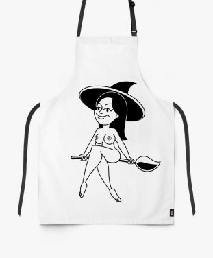 Фартух Halloween witch illustration. Girl flying on broomstick. Hand drawn vector illustration. Young woman on broom sketch.  