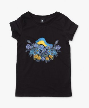 Жіноча футболка "Синьо-жовті відтінки серед квітів"