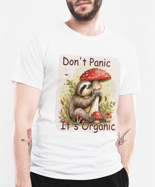 Чоловіча футболка Don't Panic it's Organic. Лінивець з грибами Мухомор