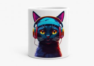 Чашка темно-синій кіт у навушниках і капелюсі з жовтими очима