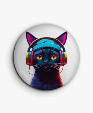 Значок темно-синій кіт у навушниках і капелюсі з жовтими очима
