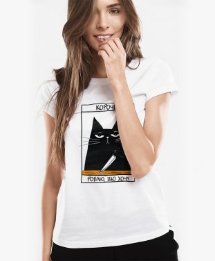 Жіноча футболка Чорній мультяшний кіт з написом