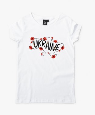 Жіноча футболка Карта України з червоними маками та текстом англійською Ukraine