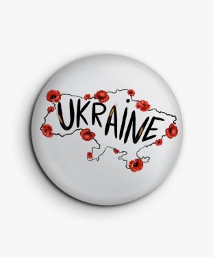 Значок Карта України з червоними маками та текстом англійською Ukraine
