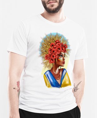 Чоловіча футболка Українська жінка з національним прапором з пшеницею та квітами
