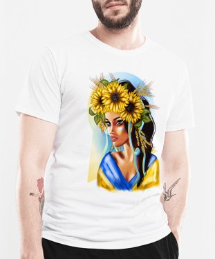 Чоловіча футболка Українська жінка з національним прапором з пшеницею та квітами