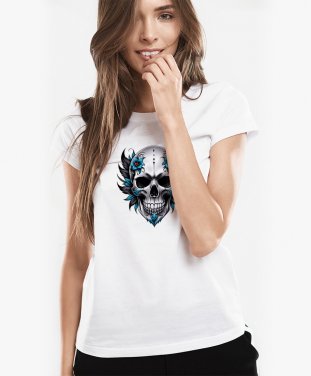 Жіноча футболка Череп з квітами та пір'ям