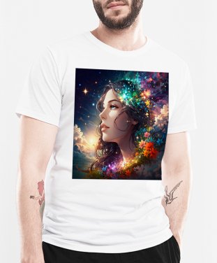 Чоловіча футболка Обличчя дівчини з квітами та зірками