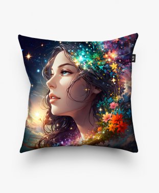 Подушка квадратна Обличчя дівчини з квітами та зірками